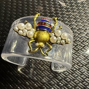 Clear Lucite Cuff Bracelet with Gold Bee and Pearl Wings